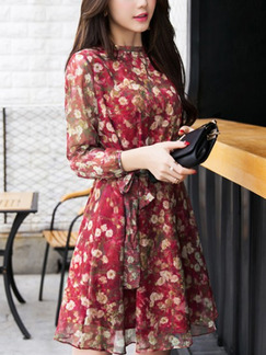 Red Loose A-Line Printed Round Neck Long Sleeve Above Knee Dress for Casual Party Office Evening