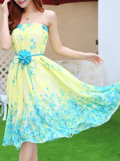 Yellow and Blue Two-Wear Strapless Contrast Printed Full Skirt Adjustable Waist Dress for Casual