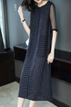 Black Plus Size Loose Linking Stripe Round Neck See-Through Dress for Casual