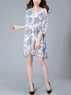 White and Blue Plus Size Loose Contrast Printed Full Skirt Round Neck Dress for Casual Party