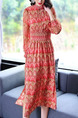 Red Plus Size Printed Adjustable Waist Lattern Sleeve Furcal Dress for Casual