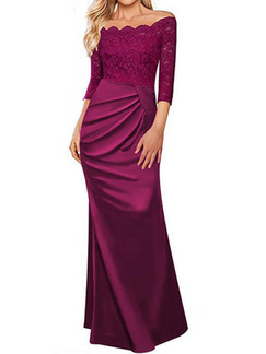 Violet Plus Size Slim Off-Shoulder Linking Lace Over-Hip Folds Fishtail Dress for Party Evening Cocktail Prom