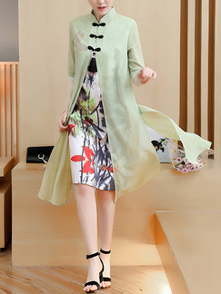 Green Colorful Plus Size Printed Chinese Button Furcal See-Through Dress for Casual