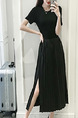 Black Plus Size Slim Round Neck Open Back Pleated Furcal Adjustable Waist Dress for Casual Office