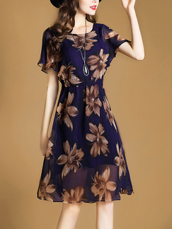 Blue and Brown Plus Size Slim A-Line Printed Round Neck Ruffled Dress for Casual Office Party