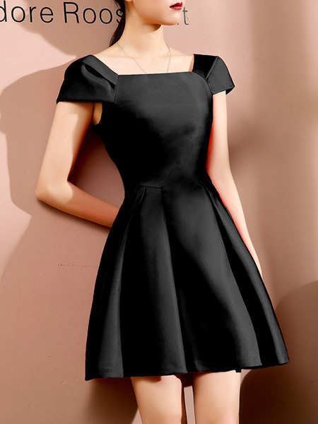 Black Slim A-Line Boat Collar Bubble Sleeve Dress for Casual Party Evening