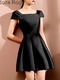 Black Slim A-Line Boat Collar Bubble Sleeve Dress for Casual Party Evening
