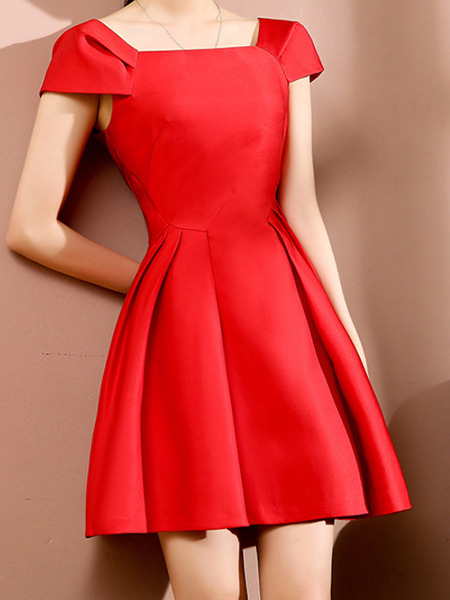 Red Slim A-Line Boat Collar Bubble Sleeve Dress for Casual Party Evening