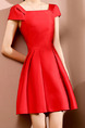 Red Slim A-Line Boat Collar Bubble Sleeve Dress for Casual Party Evening
