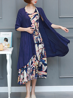 Blue Colorful Two-Piece Plus Size Loose Printed Round Neck Band Pockets Dress for Casual