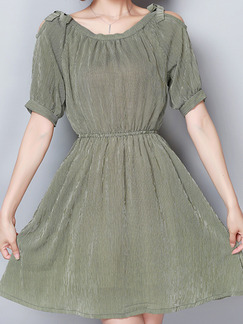 Olive Green Slim A-Line Stripe Off-Shoulder Round Neck Band Butterfly Knot Adjustable Waist Dress for Casual Party