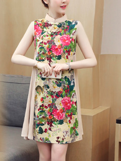 Beige Colorful Plus Size Loose A-Line Located Printing Chinese Button Floral Dress for Casual Party