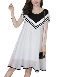 White and Black Plus Size A-Line Contrast Linking Off-Shoulder Round Neck Dress for Casual