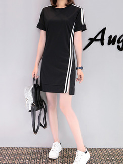 Black Plus Size Slim Contrast Linking Stripe Furcal Side Dress for Casual