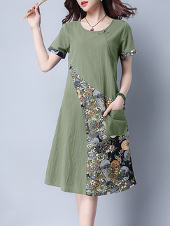Green Colorful Plus Size Loose A-Line Linking located Printing Round Neck Chinese Button Shift Dress for Casual Party