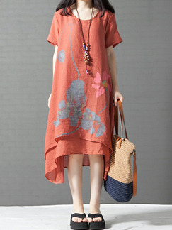 Orange Plus Size Loose Located Printing Round Neck Asymmetrical Hem  Dress for Casual