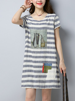 Grey and Blue Plus Size A-line Contrast Stripe Located Printing Round Neck Shift Dress for Casual