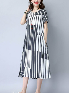 Blue and White Plus Size Loose A-Line Contrast Stripe Round Neck Dress for Casual