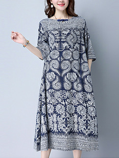 Blue and White Plus Size Printed Loose Round Neck Chinese Button Pockets Dress for Casual