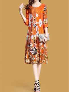 Orange Colorful Plus Size Loose A-Line Printed Round Neck Shift Dress for Casual Party Office
