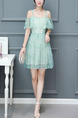 Green Slim A-Line Lace Printed Sling Ruffled See-Through Fit & Flare Dress for Casual Party Evening