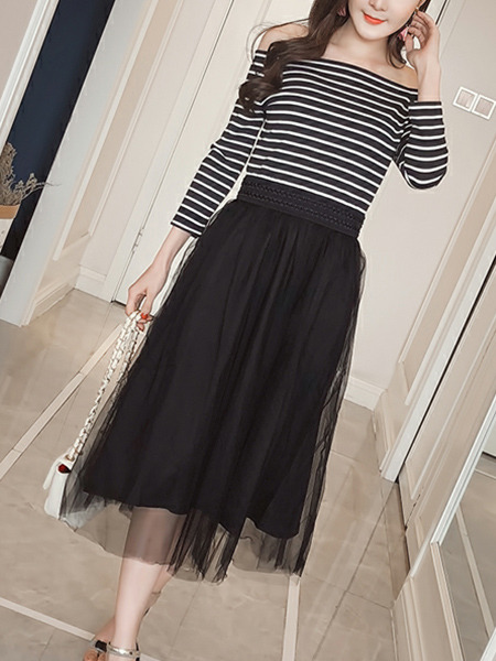 Black and White Slim Linking Off-Shoulder Stripe Adjustable Waist See-Through Dress for Casual Office