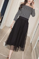 Black and White Slim Linking Off-Shoulder Stripe Adjustable Waist See-Through Dress for Casual Office
