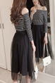 Black and White Slim Linking Off-Shoulder Stripe Adjustable Waist See-Through Dress for Casual Office