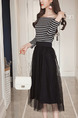 Black and White Slim Linking Off-Shoulder Stripe Adjustable Waist See-Through Dress for Casual Office