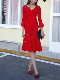 Red Slim Fishtail V Neck Flare Sleeve Over-Hip Cutout Laced Dress for Casual Office Evening