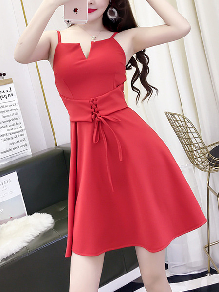 Red Slim A-Line Sling Lace Up Open Back Zipper Back Above Knee Fit & Flare Dress for Cocktail Party Evening