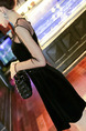 Black Slim A-Line Linking See-Through Mesh Band Zipper Back Long Sleeve Dress for Cocktail Party Evening