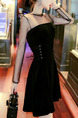Black Slim A-Line Linking See-Through Mesh Band Zipper Back Long Sleeve Dress for Cocktail Party Evening