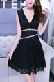 Black Slim A-Line V Neck Linking Bead Lace Fit & Flare Above Knee Dress for Cocktail Party Evening
