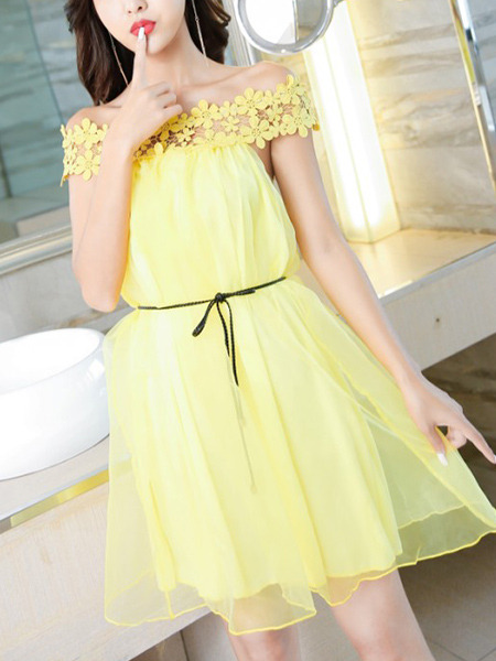 Yellow Loose A-Line Cutout Laced Off-Shoulder Above Knee Dress for Casual Party Evening