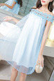 Blue Loose A-Line Cutout Laced Off-Shoulder Above Knee Dress for Casual Party Evening