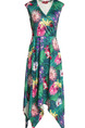 Green Colorful Plus Size Slim Printed Cross V Neck Asymmetrical Dovetail Hem                                                                                Dress for Casual Party Evening