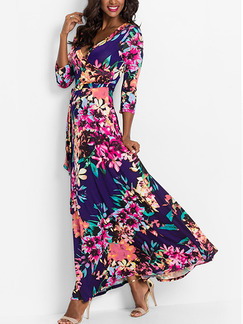 Colorful Plus Size Slim Printed Cross V Neck Band Full Skirt Dress for Casual Beach