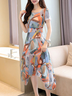 Colorful Plus Size Chiffon Slim Printed A-Line Asymmetrical Hem Collect Waist Round Neck Dress for Casual Party