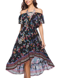 Colorful Slim Printed Ruffled Off-Shoulder Asymmetrical Hem Adjustable Waist Dress for Casual Party