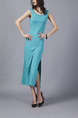 Blue Green Slim Round Neck Furcal Open Back Over-Hip Dress for Cocktail Party Evening
