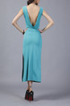 Blue Green Slim Round Neck Furcal Open Back Over-Hip Dress for Cocktail Party Evening