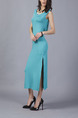 Blue Green Slim Round Neck Furcal Open Back Over-Hip Dress for Cocktail Party Evening