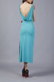 Blue Green Slim Round Neck Furcal Open Back Over-Hip Dress for Cocktail Party Evening