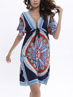 Blue Colorful Plus Size Loose V Neck Located Printing Band Open Back Above Knee Dress for Casual Party