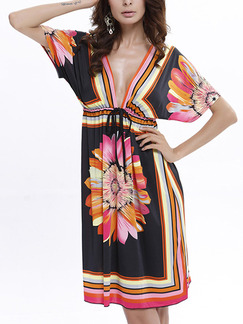 Colorful Plus Size Loose V Neck Located Printing Band Open Back Above Knee Dress for Casual Party