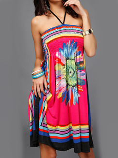 Colorful Plus Size Loose Hang Neck Strapless Located Printing Open Back Above Knee Dress for Casual Beach