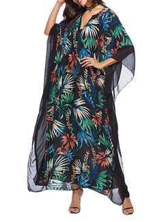 Black Colorful Plus Size Loose Printed V Neck Bat Sleeve Linking Grenadine Dress for Casual