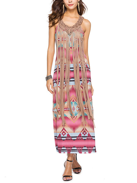 Colorful Plus Size A-Line Printed Hang V Neck Over-Hip Linking Long Tassel Dress for Casual Beach