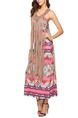 Colorful Plus Size A-Line Printed Hang V Neck Over-Hip Linking Long Tassel Dress for Casual Beach